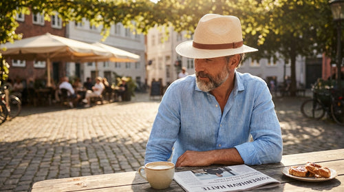 Mand med panama hat sidder på café i europæisk by