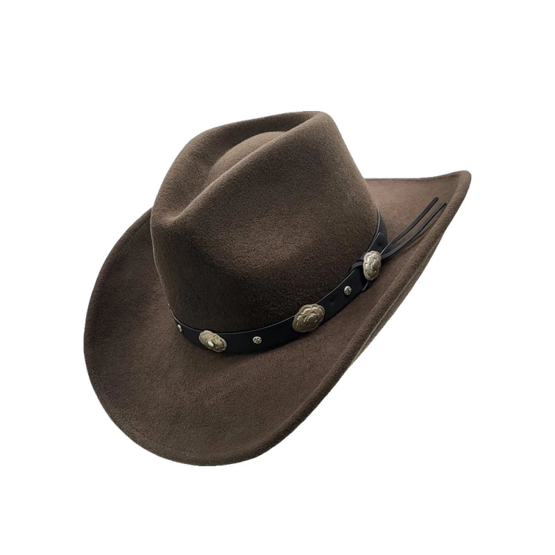Cowboyhat i Uldfilt med conchos – Jesse James i brun – cowboyhat set fra siden