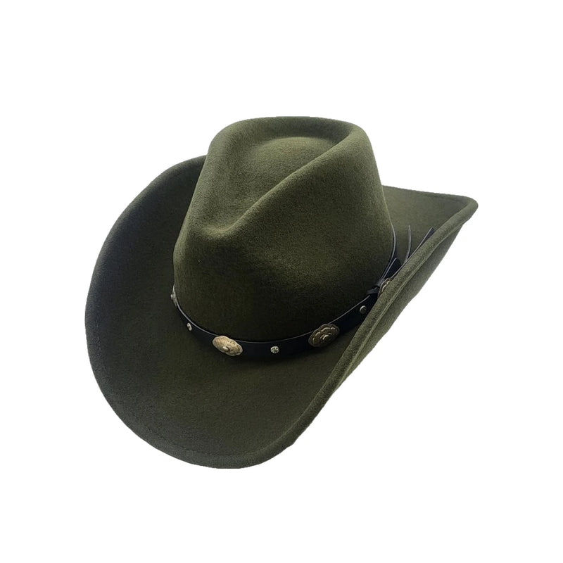 Cowboyhat i Uldfilt med conchos – Jesse James i grøn – cowboyhat set forfra