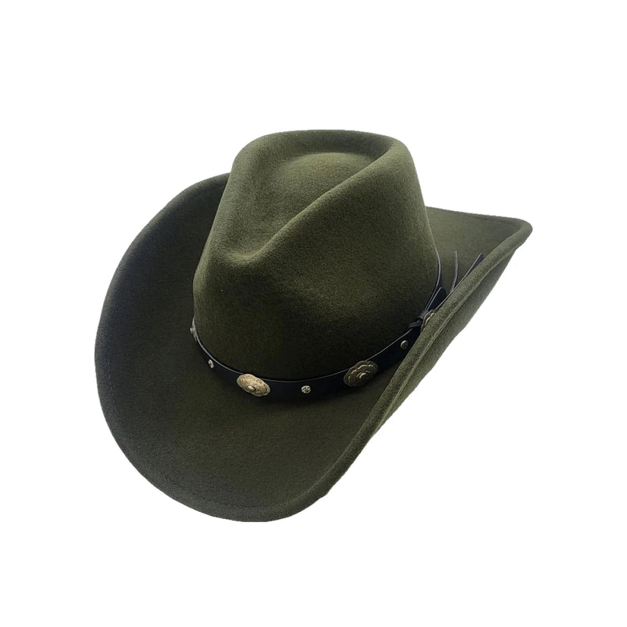 Cowboyhat i Uldfilt med conchos – Jesse James i grøn – cowboyhat set forfra