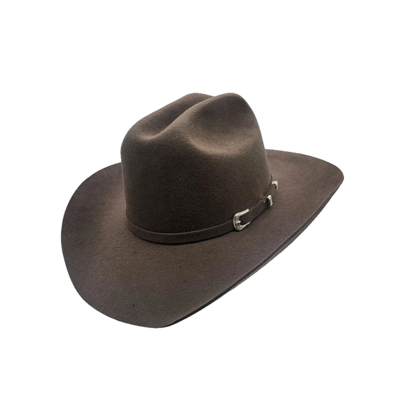 Cowboyhat i stiv uldfilt i brun set forfra