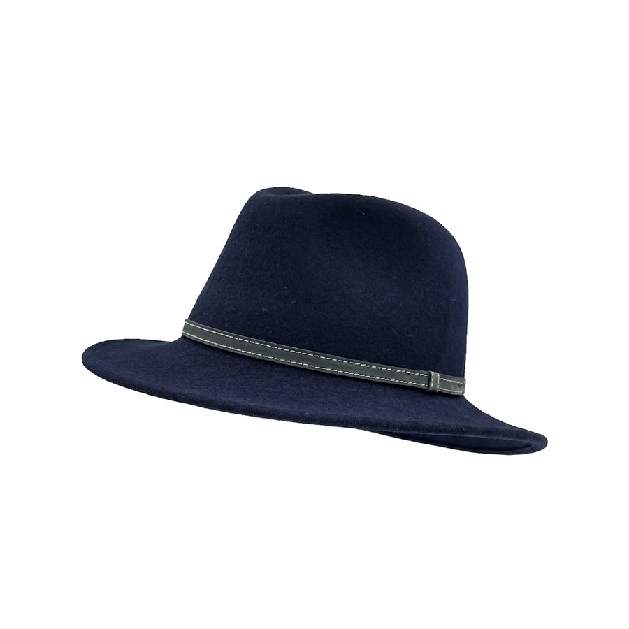 Fedora Hat i Uldfilt — Argentina Amigo i marineblå – fedora hat set fra siden