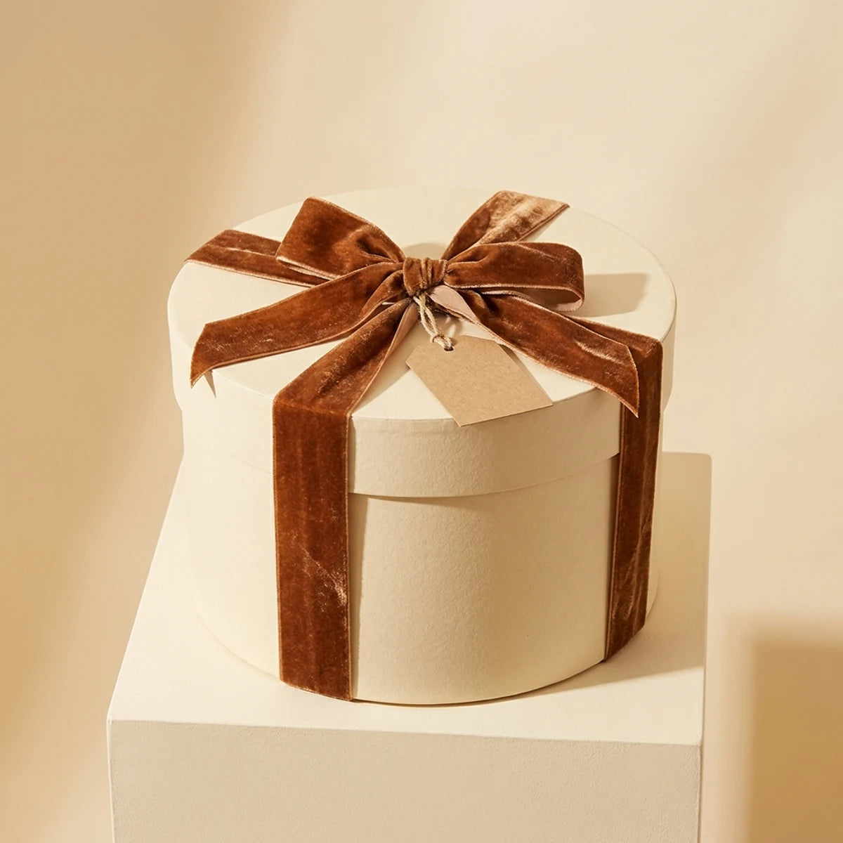 Cremefarvet rund gaveæske med cognacfarvet fløjlsbånd