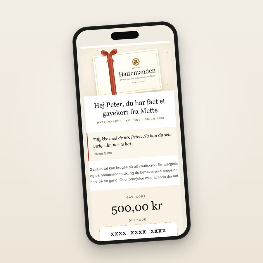 Gavekort til Hattemanden – sådan ser gavekortet ud på mail