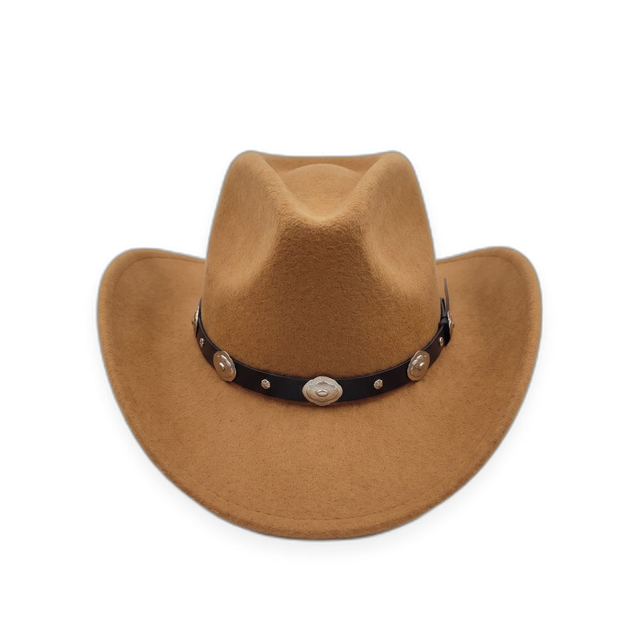 Cowboyhat i Uldfilt med conchos – Jesse James i camel – cowboyhat set forfra