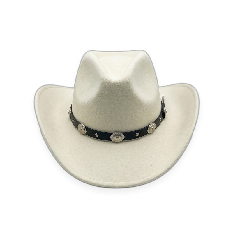 Cowboyhat i Uldfilt med conchos – Jesse James i hvid – cowboyhat set forfra