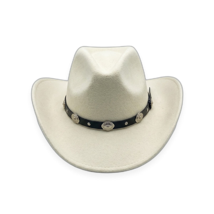 Cowboyhat i Uldfilt med conchos – Jesse James i hvid – cowboyhat set forfra