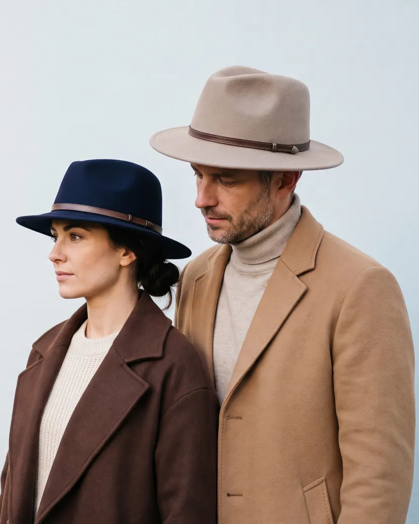 Kvinde i mørkeblå fedora og mand i lys fedora i uldfilt, livsstil