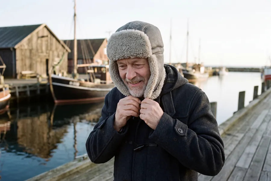 Mand i trapperhue ved en dansk havn en kold morgen, livsstil