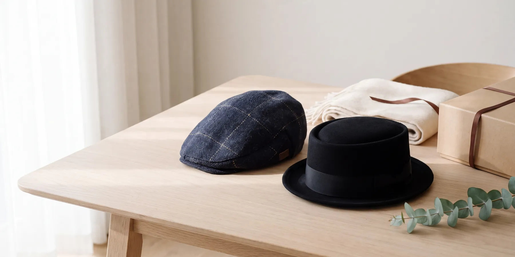 Sixpence og pork pie hat på et lyst træbord ved et vindue